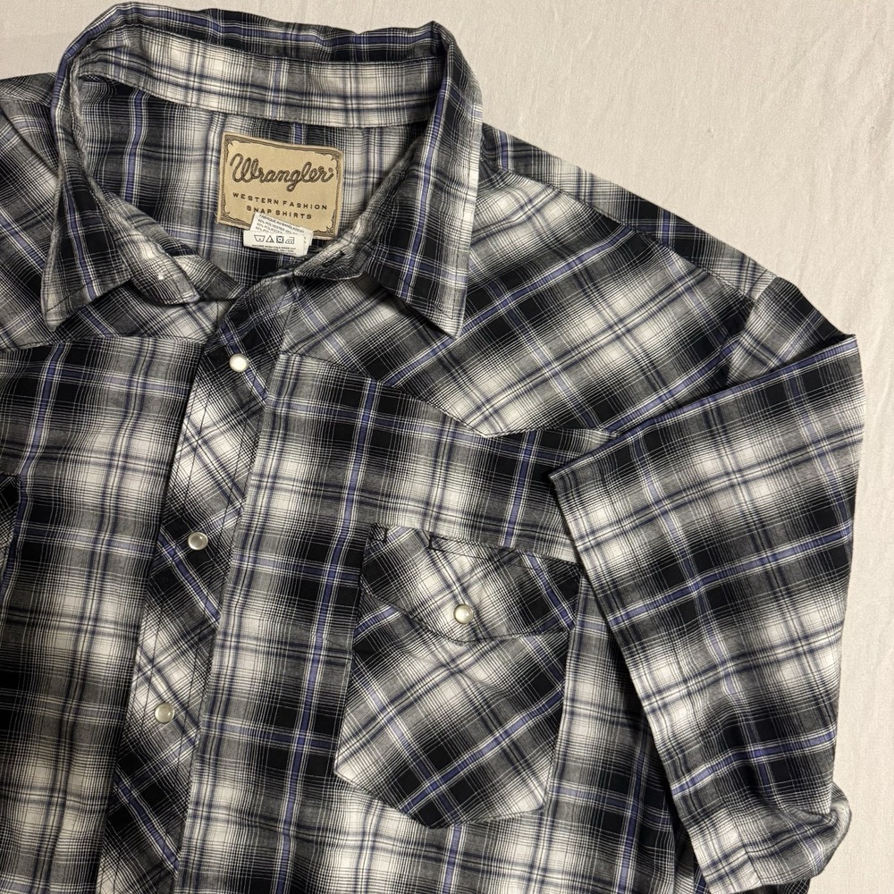 Wrangler Western Fashion Rodeo Mens 3XL Gray Plaid Pearl Snap Short Sleeve Shirt